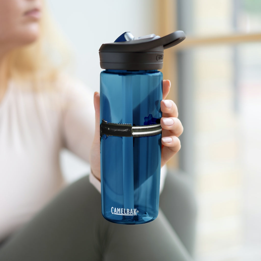 CamelBak Eddy® Water Bottle in 20oz and 25oz sizes, made from durable Tritan™ material, featuring a spill-proof biting valve and easy-carry handle.